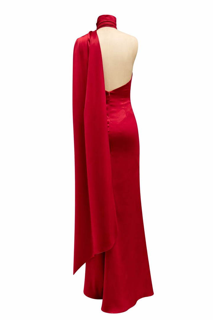 halter-neck satin maxi dress with sculpted floral choker detail – RUBY