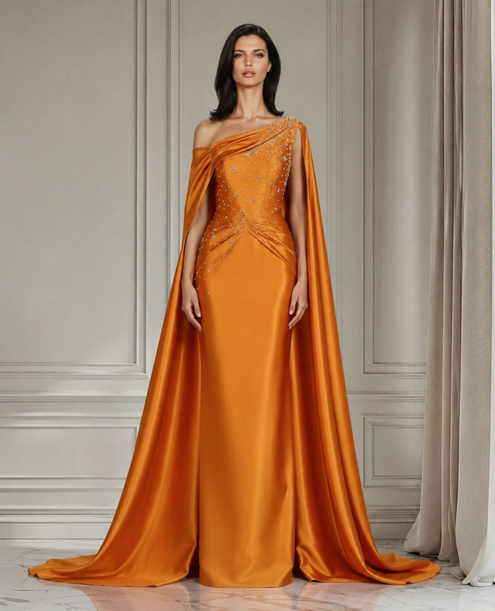 Embellished Satin Cape Gown - Amber