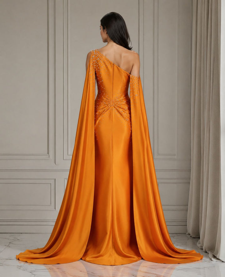 Embellished Satin Cape Gown - Amber