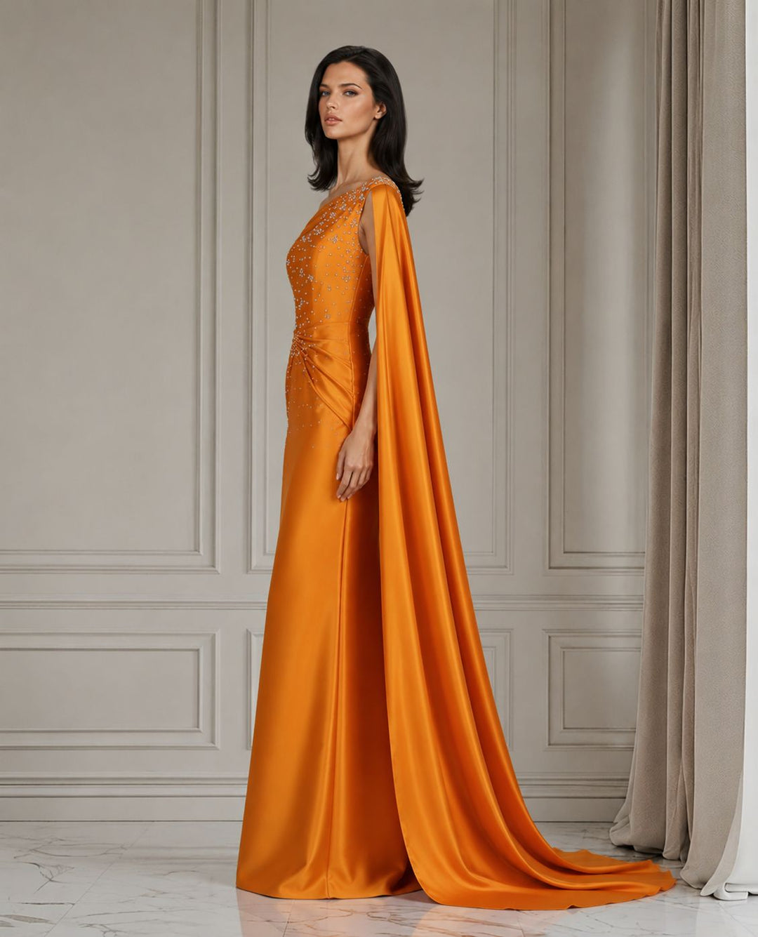 Embellished Satin Cape Gown - Amber