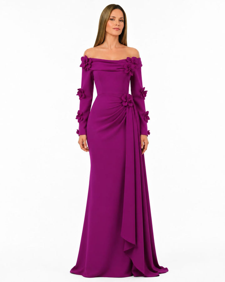 Floral Off-Shoulder Draped Gown - Amethyst
