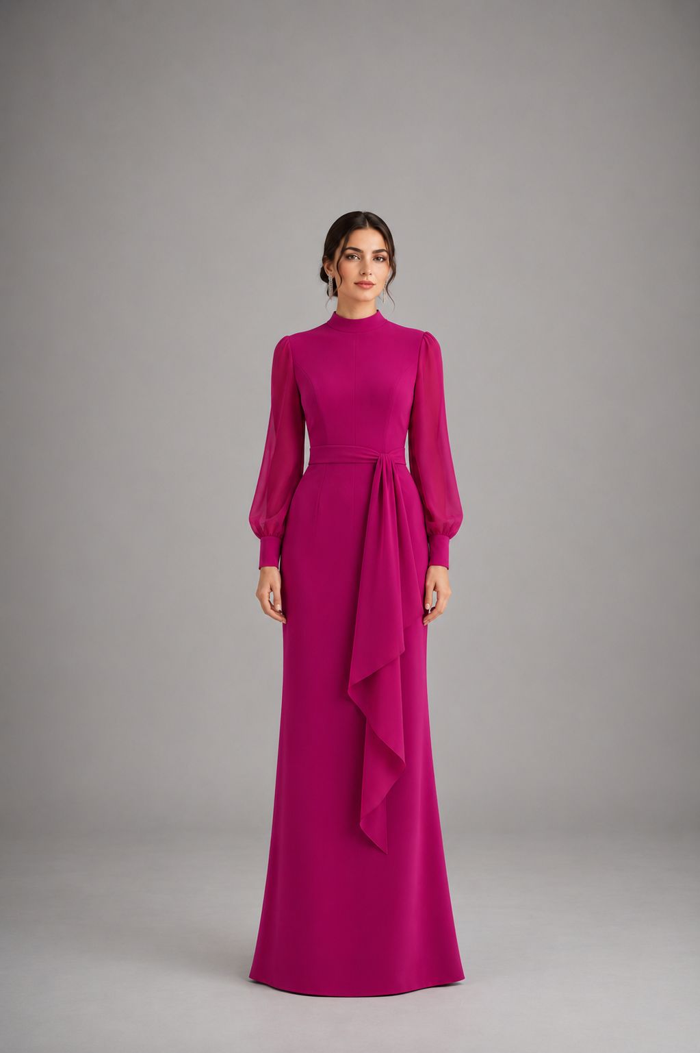 High-Neck Draped Maxi Dress - Fuchsia