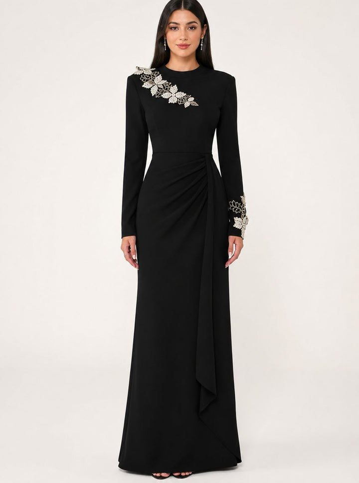 Floral Appliqué Draped Gown – Noir