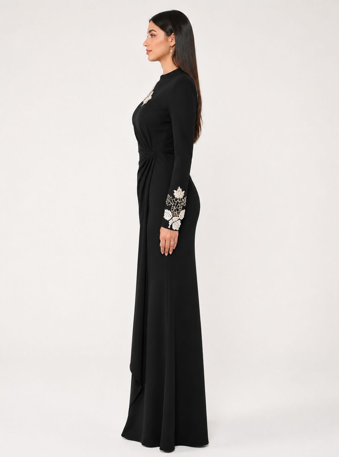 Floral Appliqué Draped Gown – Noir