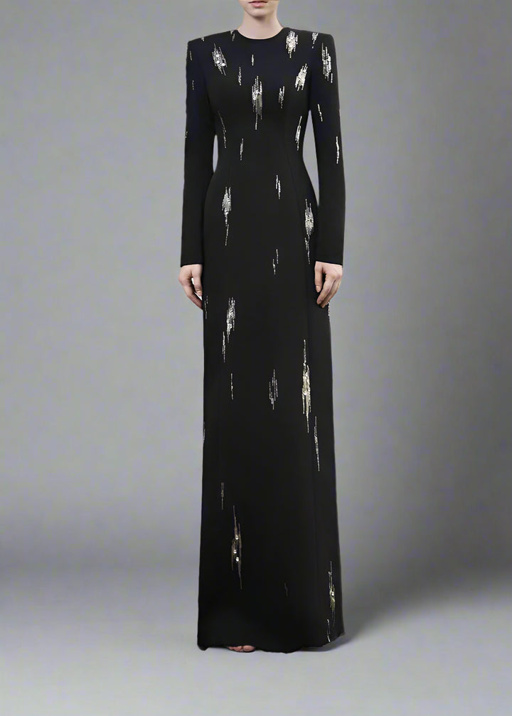 Long-Sleeve Column Dress with Metallic Embellishments - STELLAR