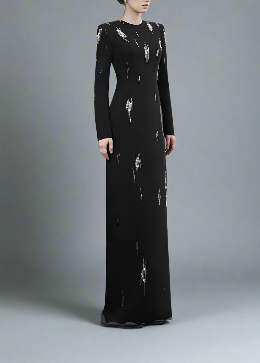 Long-Sleeve Column Dress with Metallic Embellishments - STELLAR-1
