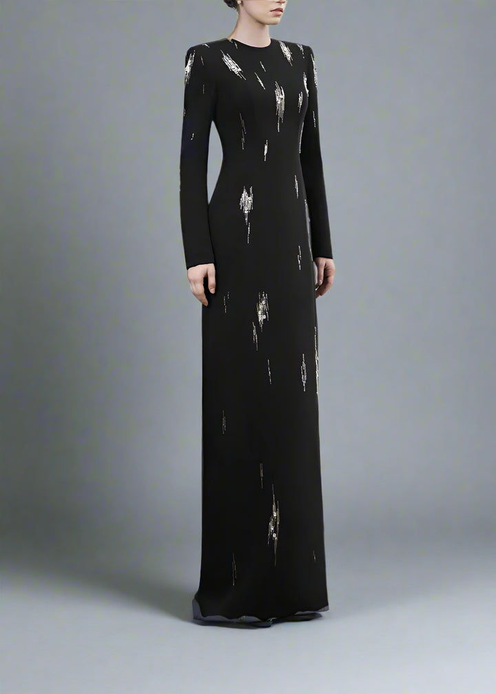 Long-Sleeve Column Dress with Metallic Embellishments - STELLAR-1