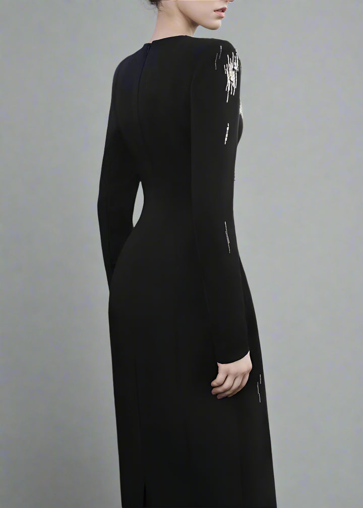 Long-Sleeve Column Dress with Metallic Embellishments - STELLAR-1