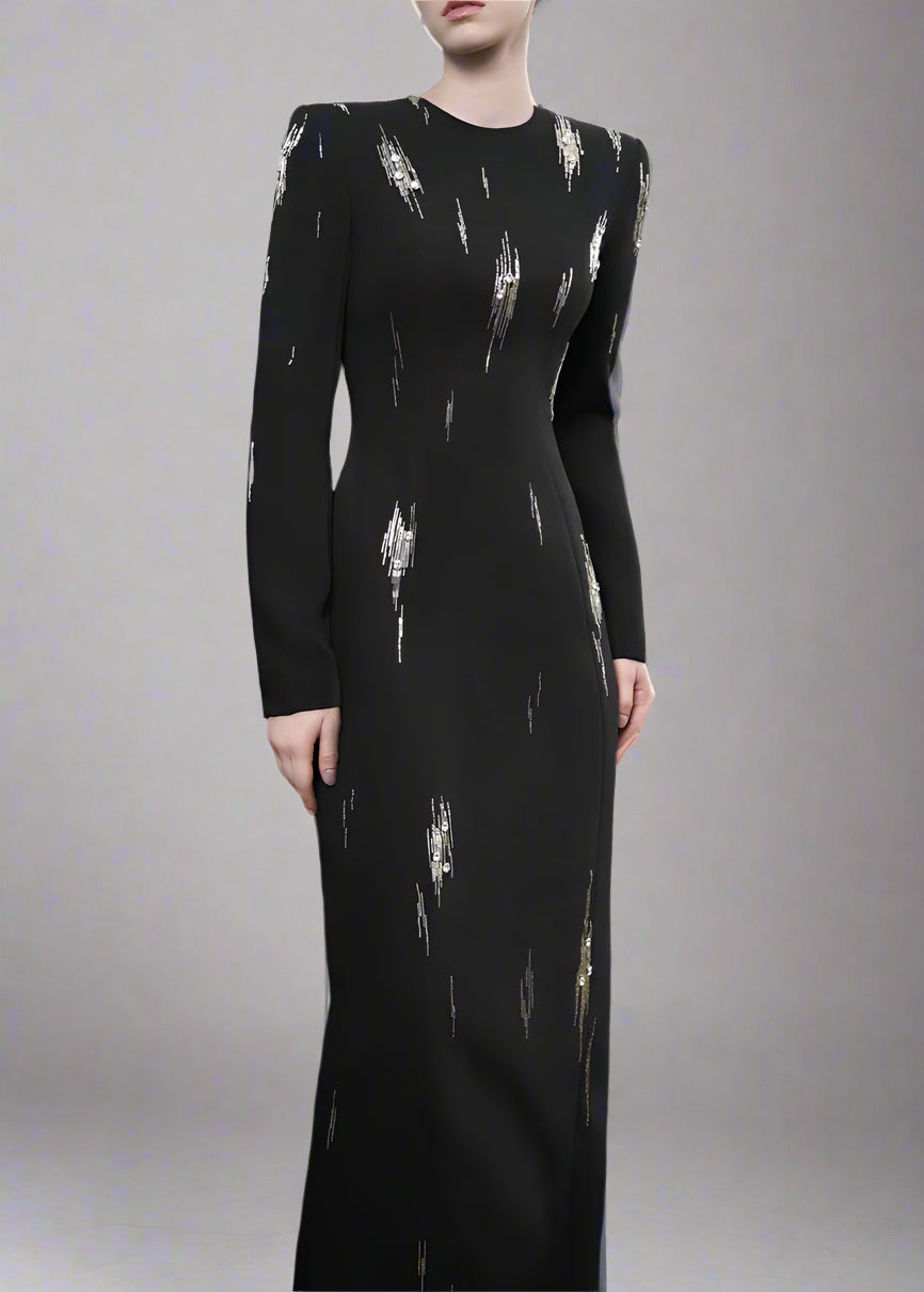 Long-Sleeve Column Dress with Metallic Embellishments - STELLAR-1