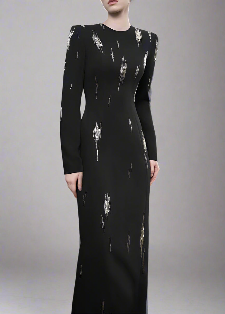Long-Sleeve Column Dress with Metallic Embellishments - STELLAR-1