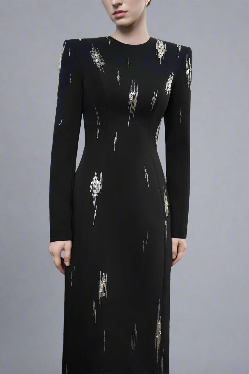 Long-Sleeve Column Dress with Metallic Embellishments - STELLAR-1