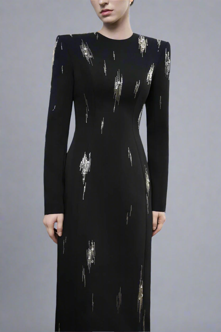 Long-Sleeve Column Dress with Metallic Embellishments - STELLAR-1