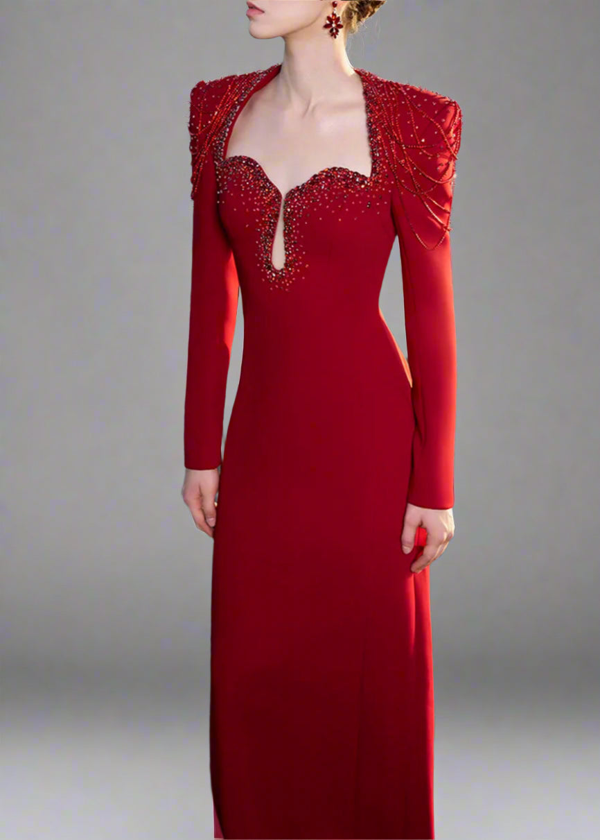 Long-Sleeve Column Dress with Beaded Shoulder Chains - ASTRA