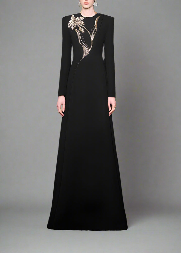 Long-sleeve column dress with floral beaded detail - ONYX