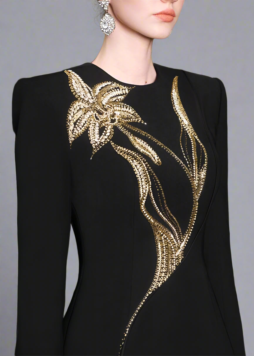 Long-sleeve column dress with floral beaded detail - ONYX