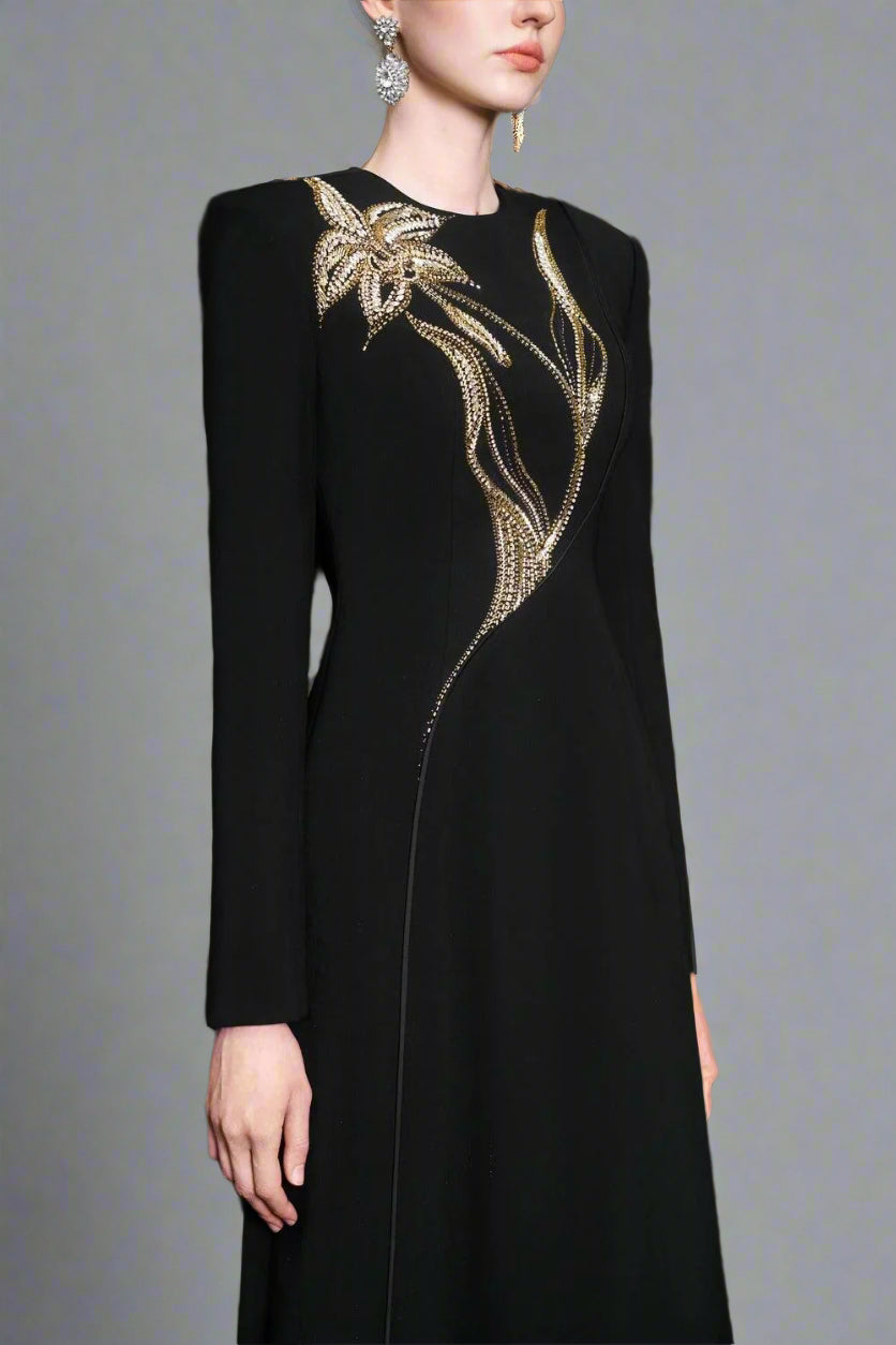 Long-sleeve column dress with floral beaded detail - ONYX