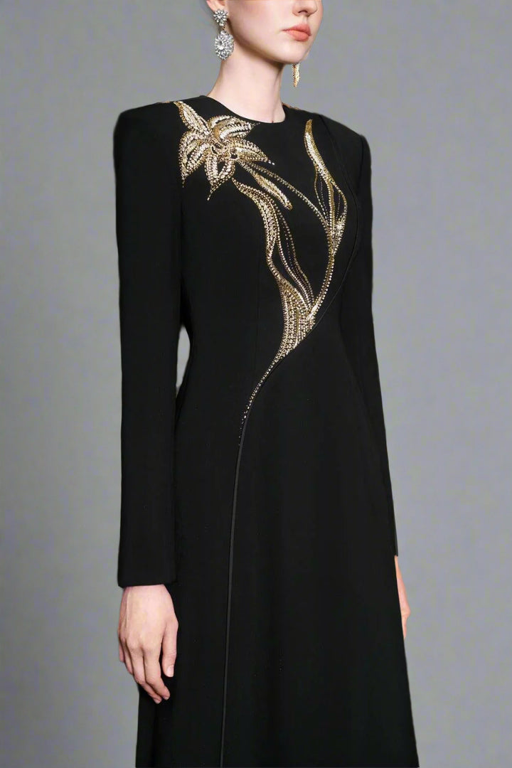 Long-sleeve column dress with floral beaded detail - ONYX