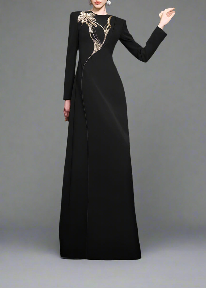 Long-sleeve column dress with floral beaded detail - ONYX