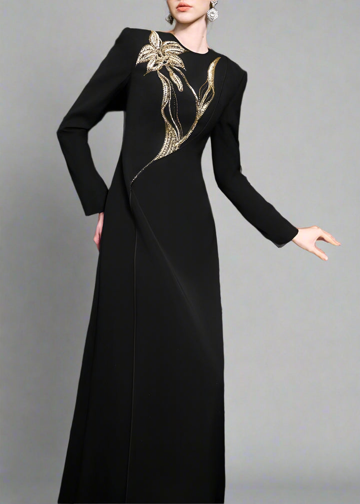 Long-sleeve column dress with floral beaded detail - ONYX