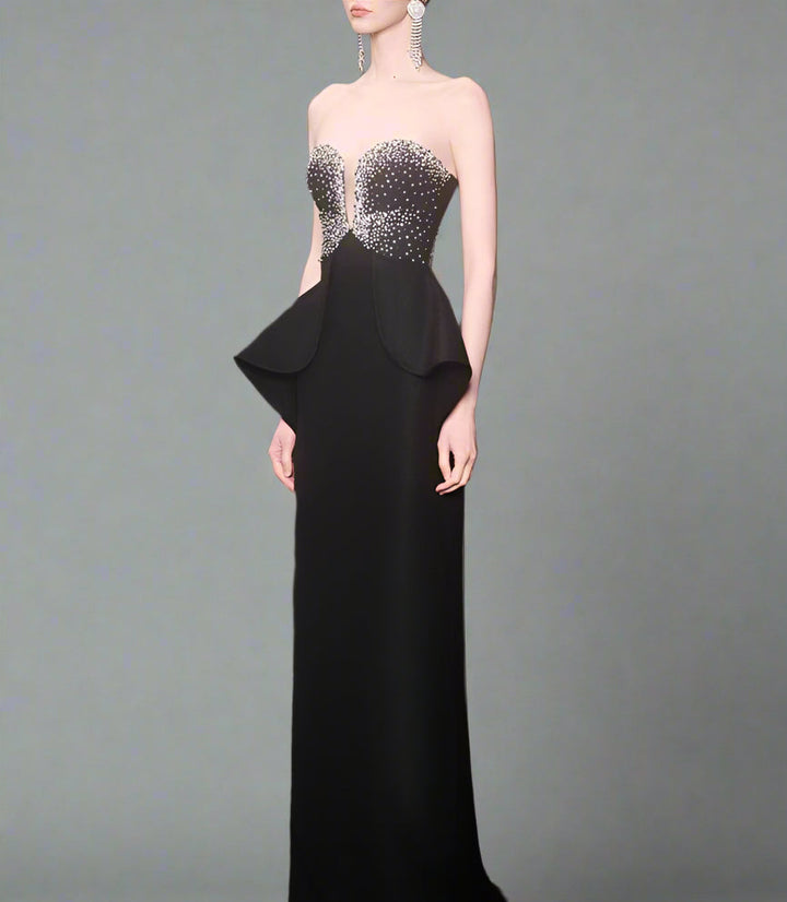 Strapless Gown with Embellished Bodice and Peplum Detail - ELYSIA