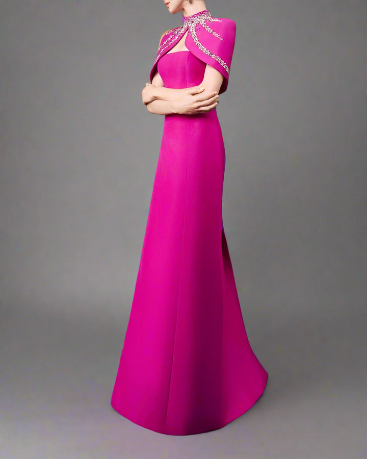 Strapless A-line dress with embellished shoulder cape - SERENA-1