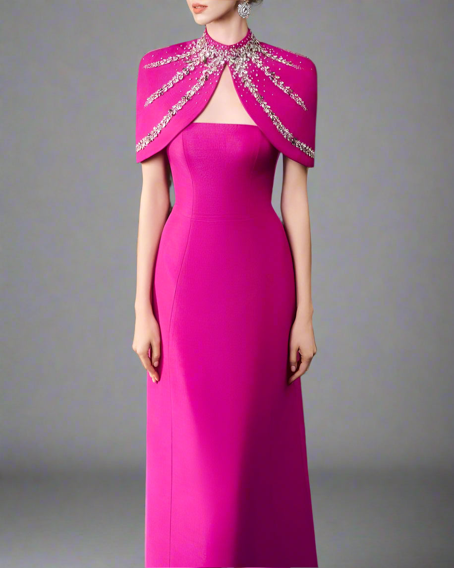 Strapless A-line dress with embellished shoulder cape - SERENA-1