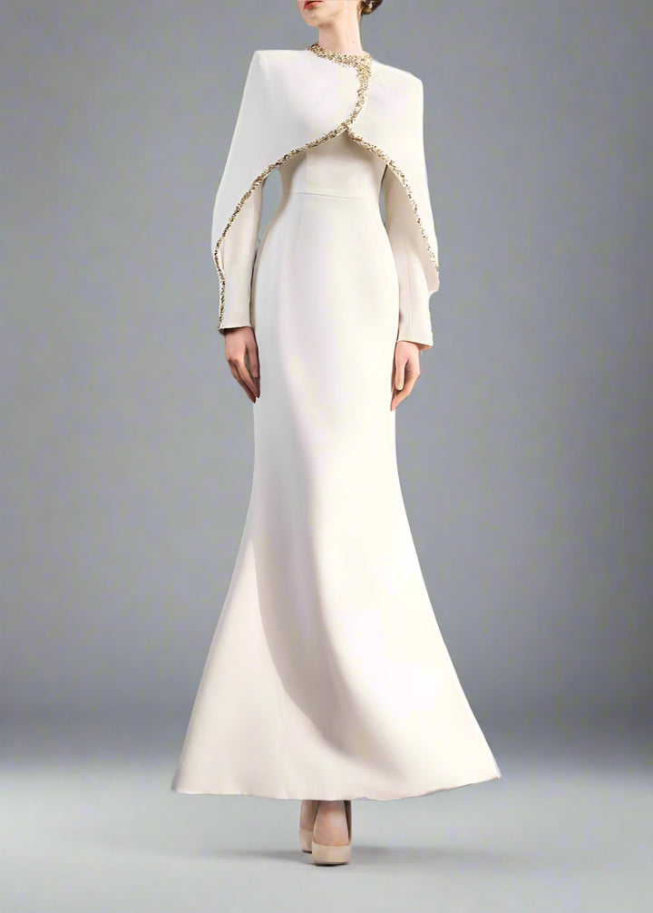 Long-Sleeve Column Dress with Embellished Cape - AURORA