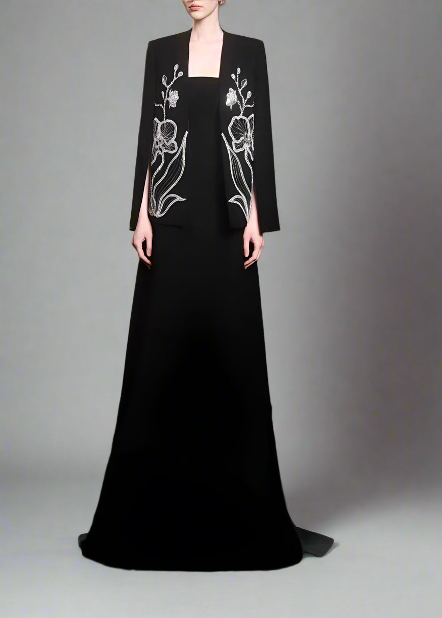 Strapless dress with floral embroidered cape - MIDNIGHT