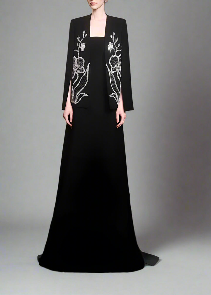 Strapless dress with floral embroidered cape - MIDNIGHT