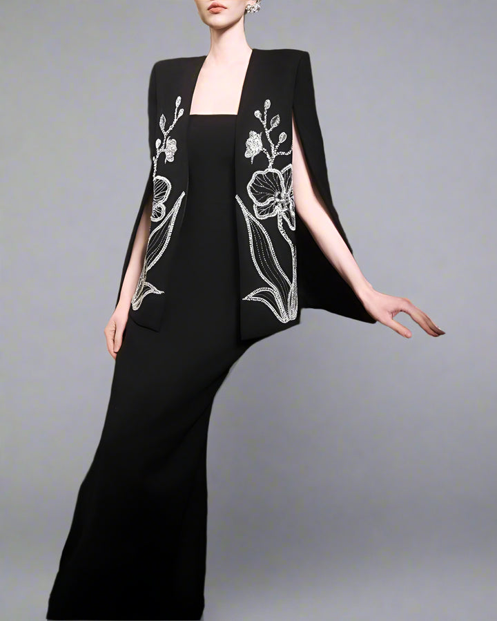 Strapless dress with floral embroidered cape - MIDNIGHT