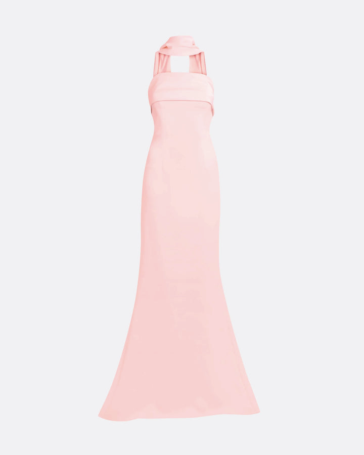 strapless column gown with scarf neckline – BLOSIA