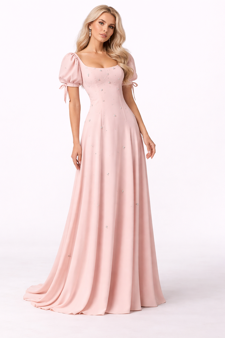 puff sleeve embellished flowy maxi dress – BLUSH