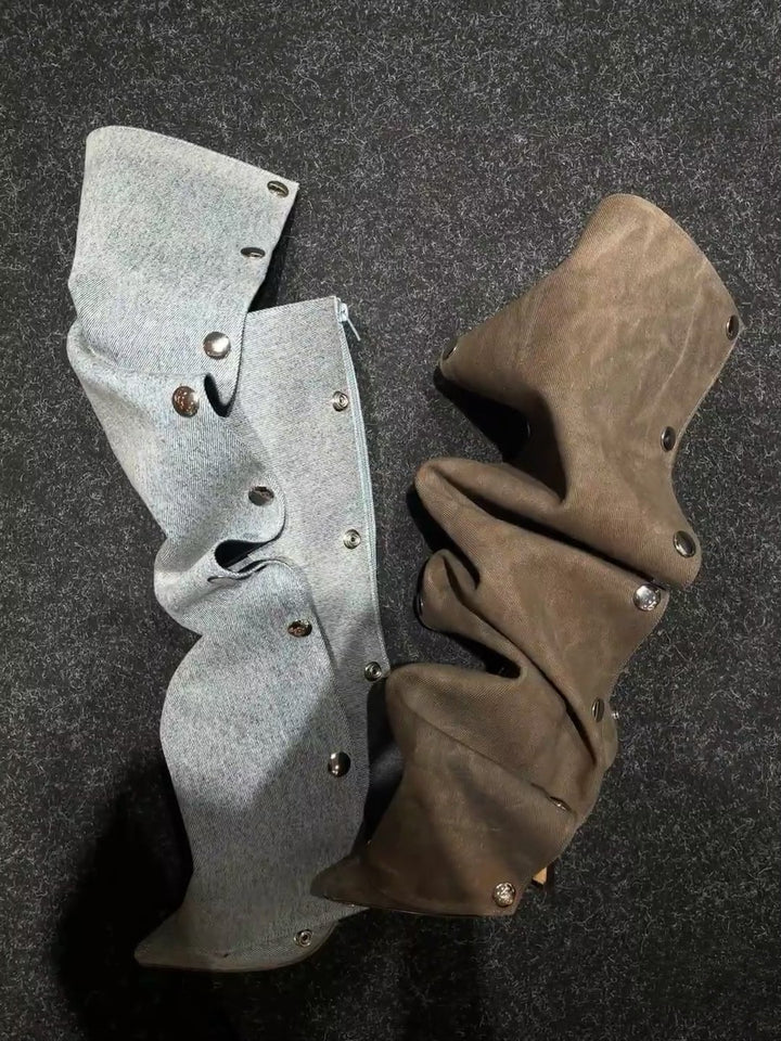 ruffled knee-high boots with metallic snap accents - Eenakshi