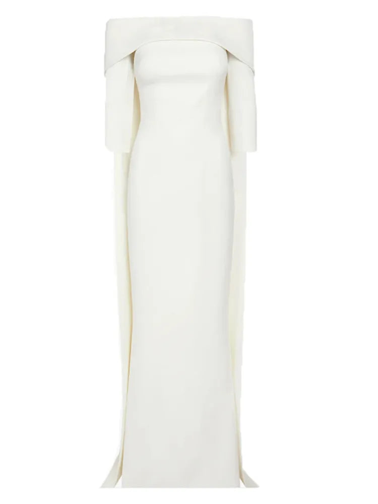 off-shoulder column gown with cape-back – Tessara