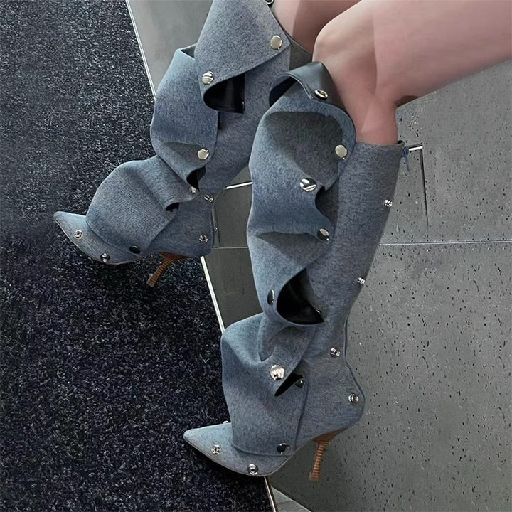 ruffled knee-high boots with metallic snap accents - Eenakshi