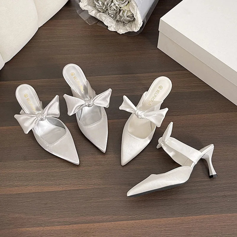 satin pointed-toe mules with bow strap - SOFIA