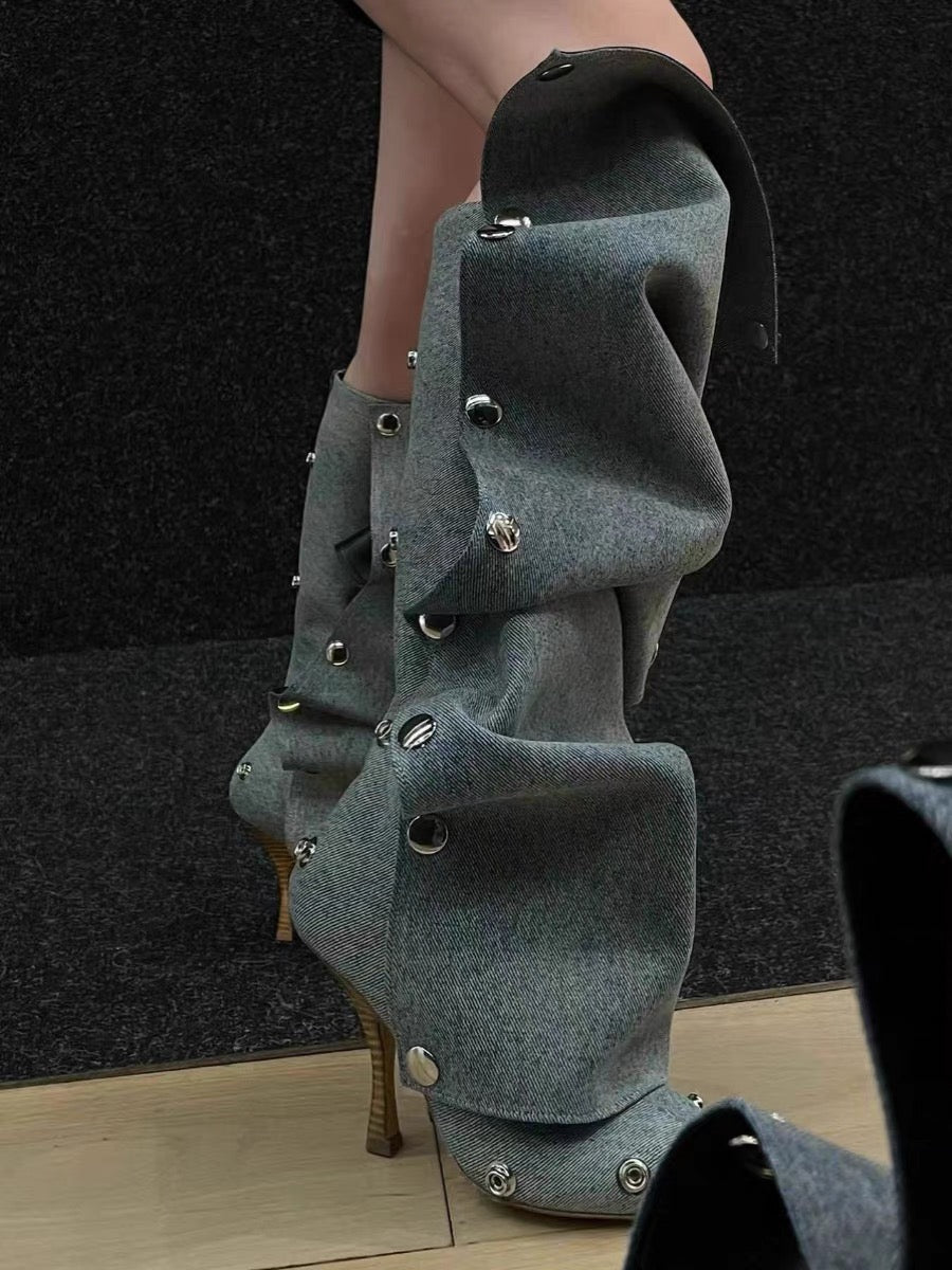 ruffled knee-high boots with metallic snap accents - Eenakshi