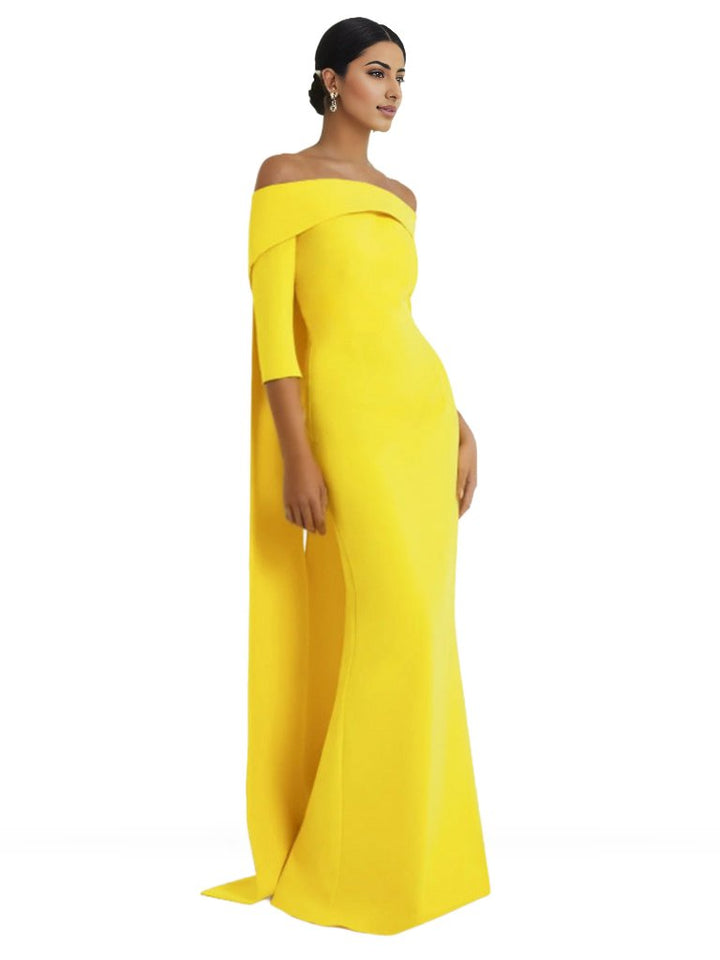 off-shoulder column gown with cape-back – Tessara