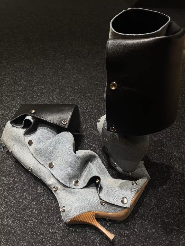 ruffled knee-high boots with metallic snap accents - Eenakshi