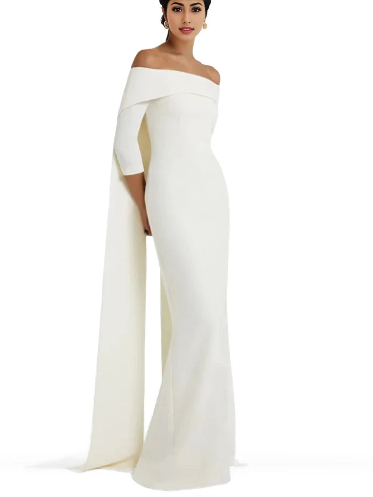 off-shoulder column gown with cape-back – Tessara