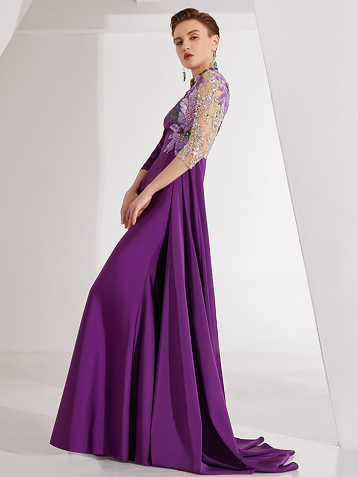 embroidered evening gown with sequin illusion sleeve –  Thumri
