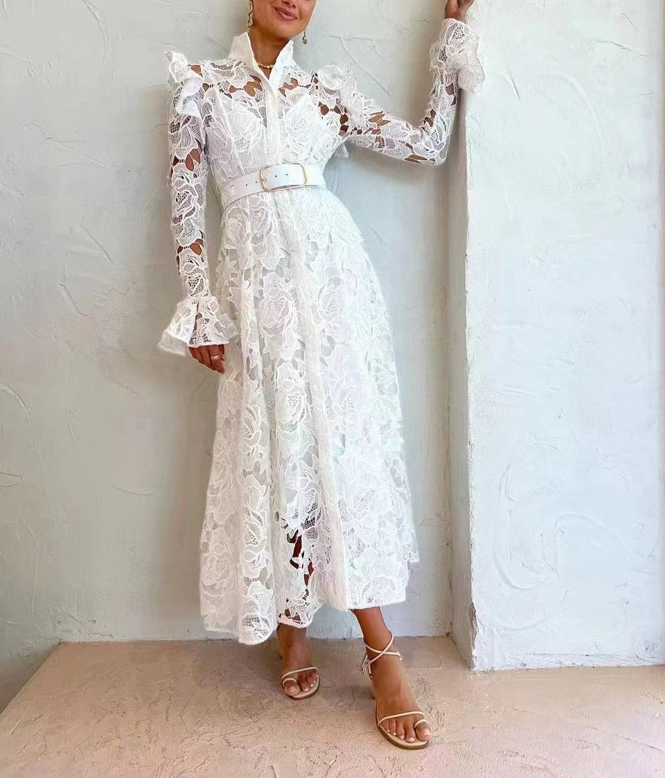 ODD- long-sleeve lace midi dress with belt – Tesoro