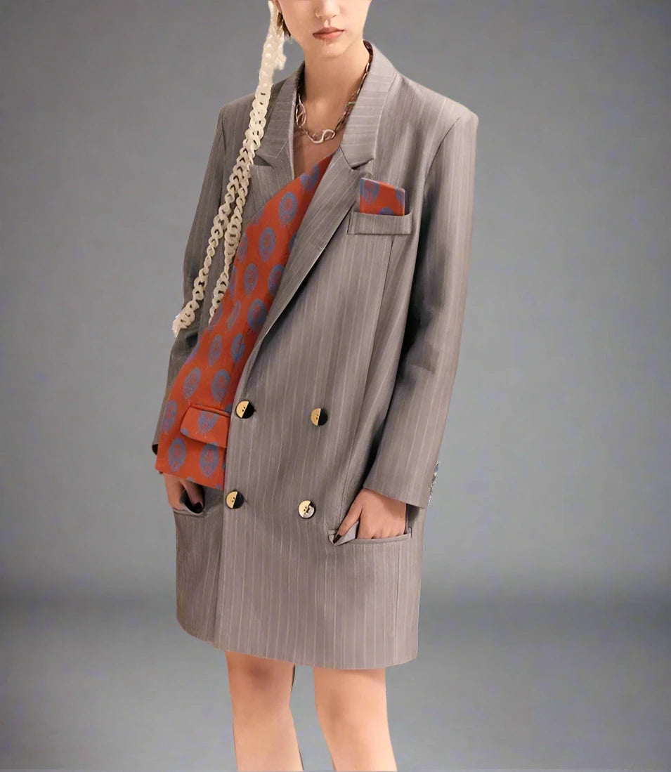 pinstripe double-breasted blazer with contrast printed lining - Svana