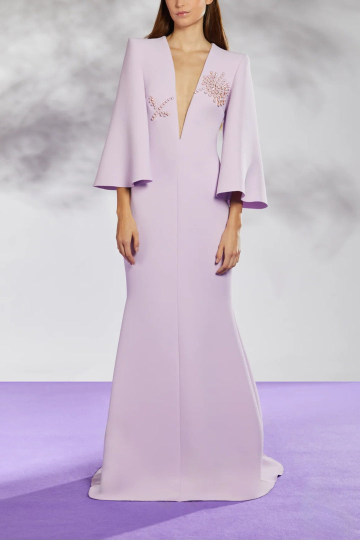 deep-V gown with embellished floral motifs – SHAFIQ