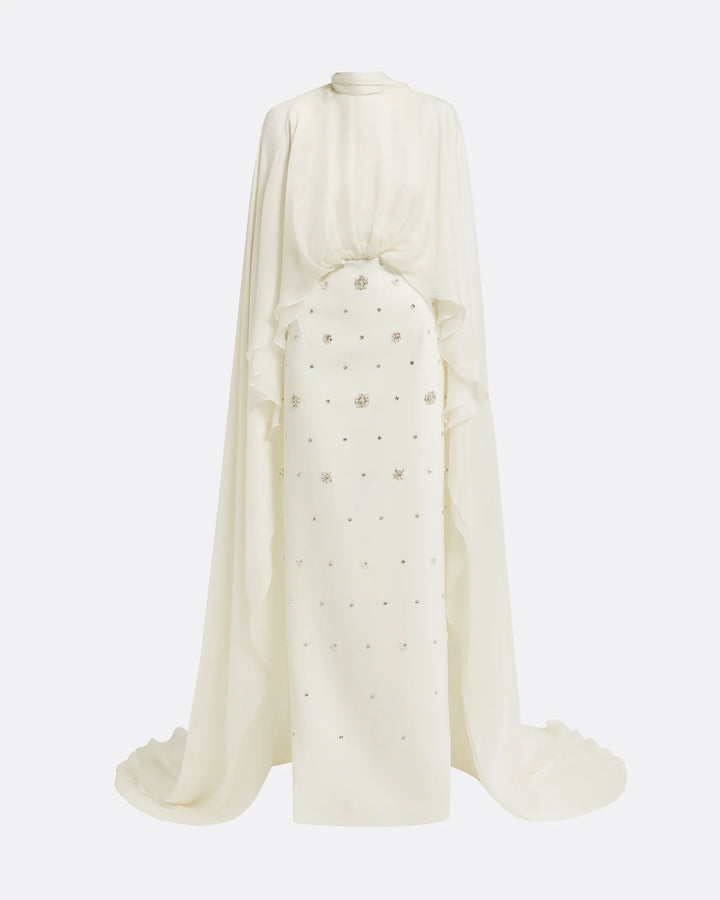 High-neck embellished column dress with layered cape - Mia-1