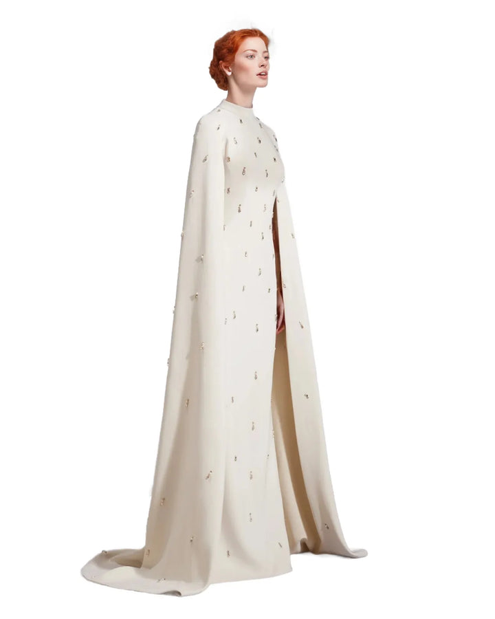 High-neck column gown with embellished cape – Zonia