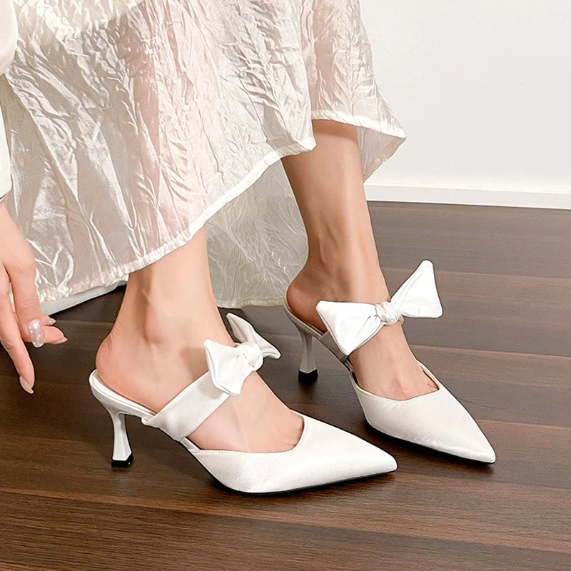 satin pointed-toe mules with bow strap - SOFIA
