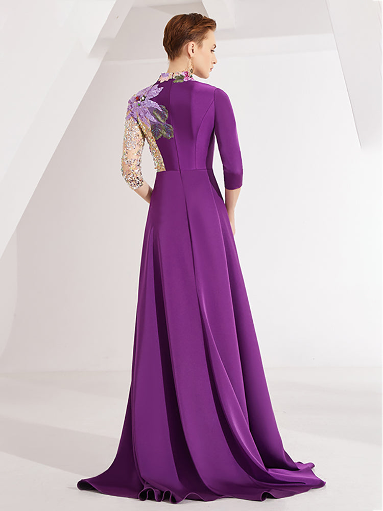 embroidered evening gown with sequin illusion sleeve –  Thumri