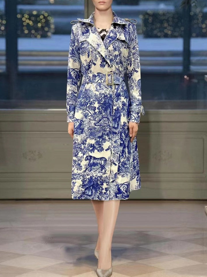 belted trench dress with pastoral print – Edwdene