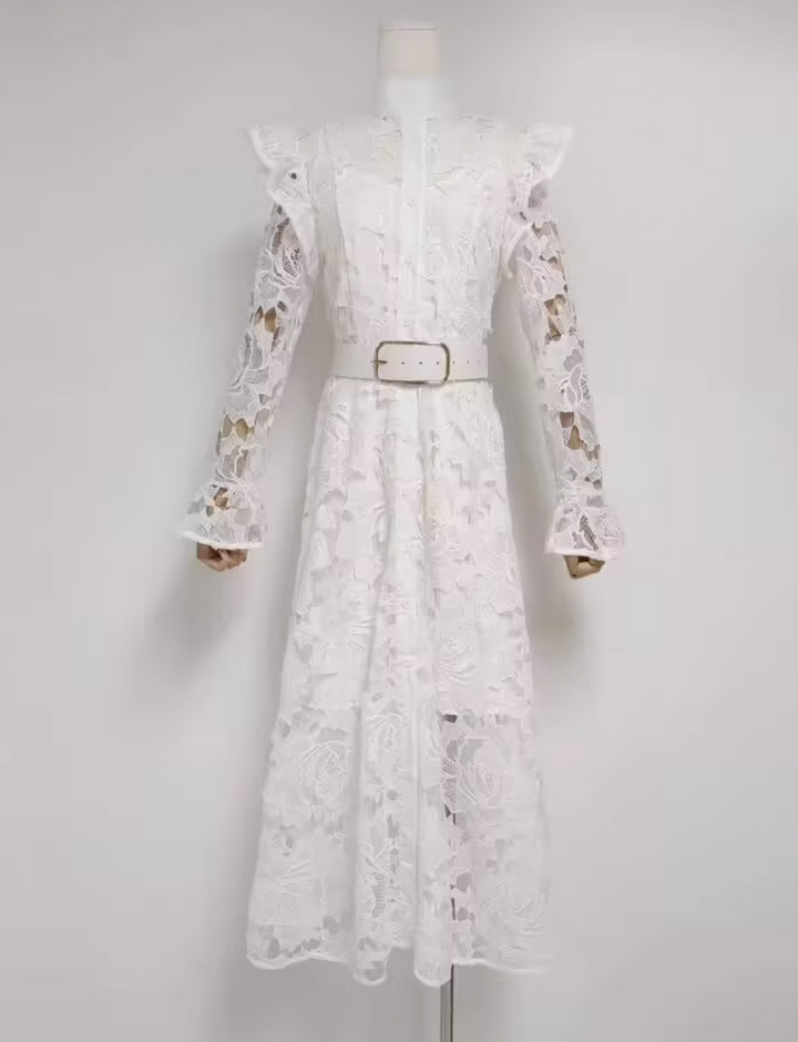 ODD- long-sleeve lace midi dress with belt – Tesoro